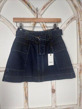 NWT Aureta Dark Blue Denim Belted A-Line Skirt- Sz 8